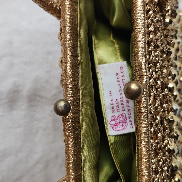 Vintage, Metallic Gold Beaded Purse,small Woven Handbag, with retro green lining - Picture 9 of 12